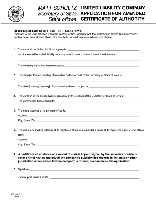 Fillable Form 635_08_3 - Limited Liability Company Application For Amended Certificate Of Authority - 2012 Printable pdf