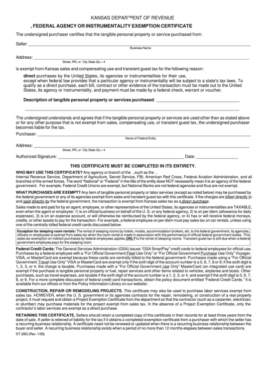 Form St-28g - U.s. Government, Federal Agency Or Instrumentality Exemption Certificate - 2009 Printable pdf