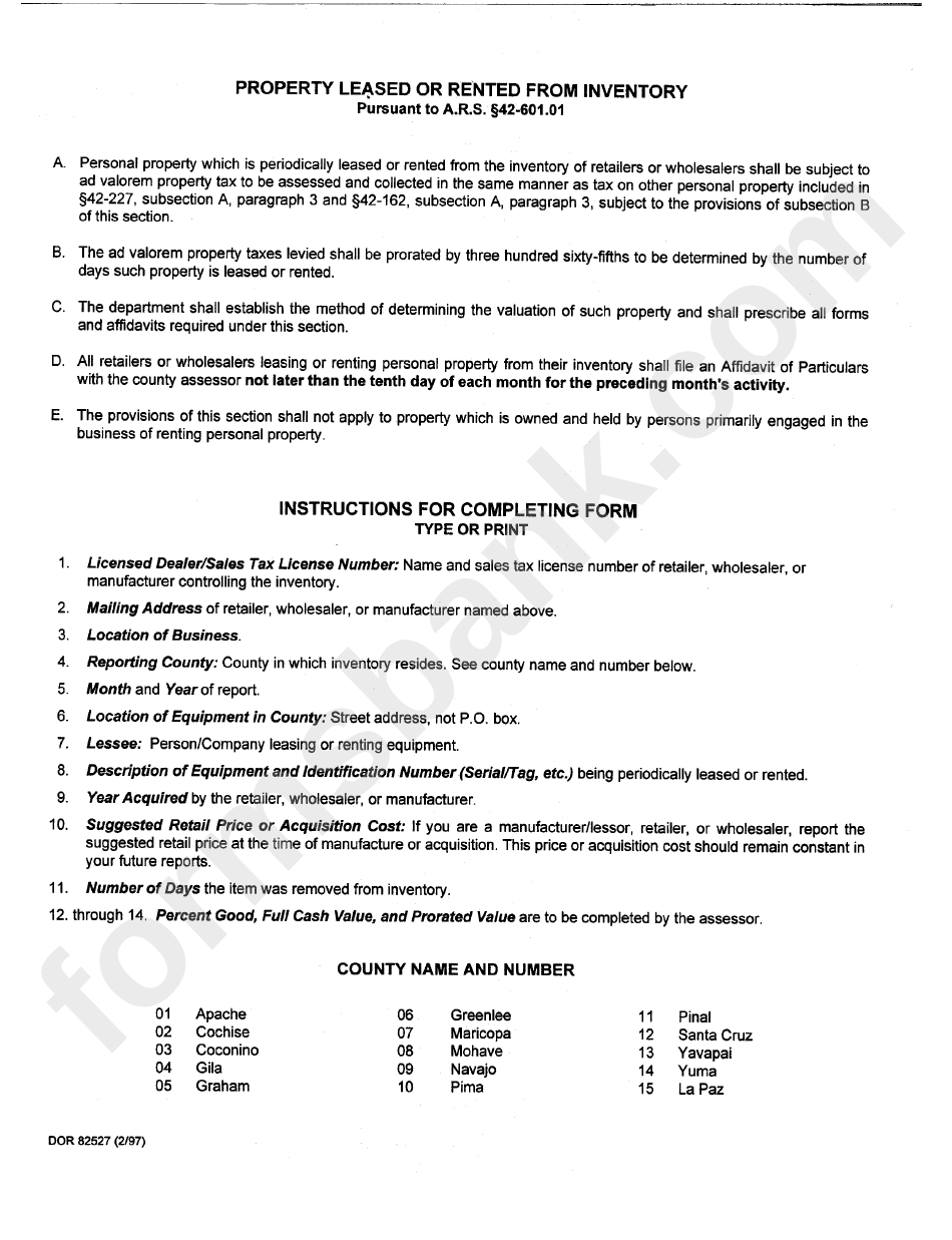 Form Dor 82527 - Instructions For Completing Property Leased Or Rented From Inventory Form