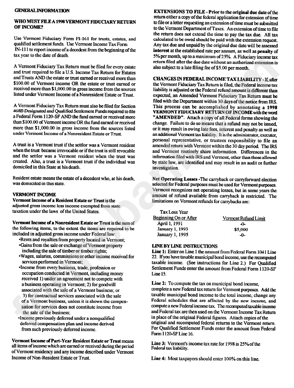 Instructions For Vermont Fiduciary Return Of Income - 1998