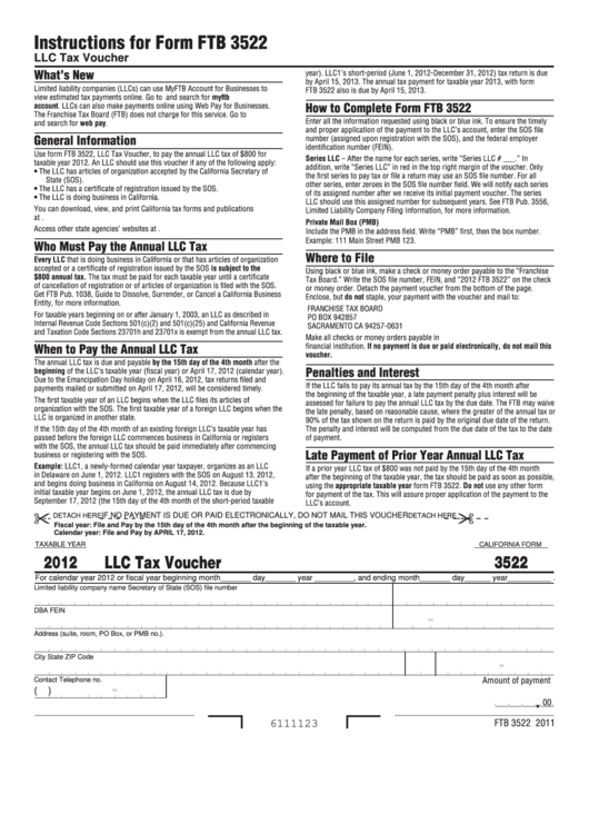 Fillable California Form 3522 - Llc Tax Voucher - 2012 Printable pdf