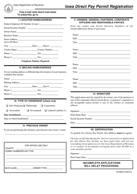 Form 78-006a - Iowa Direct Pay Permit Registration Printable pdf