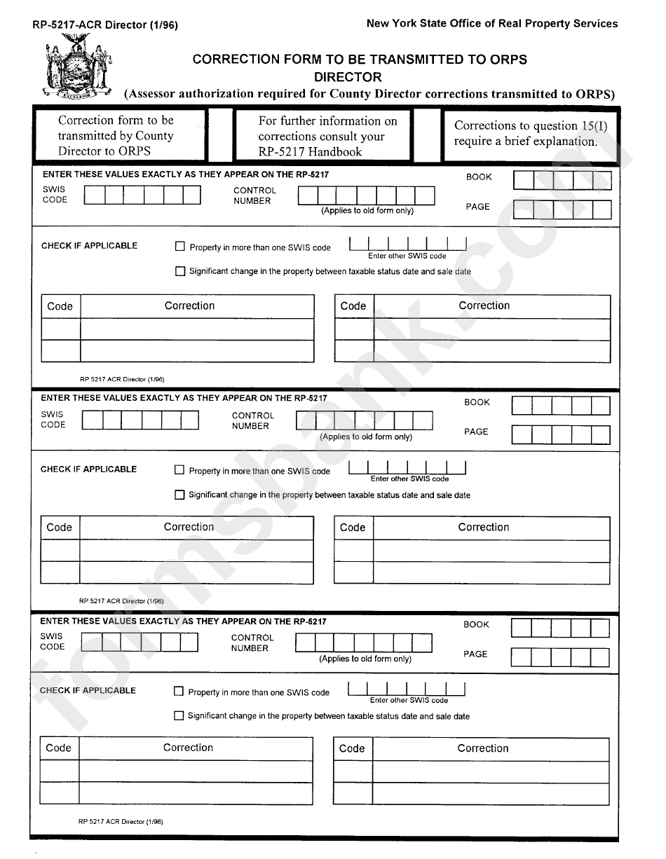 Form Rp-5217-Acr - Correction - Transmit To Orps By County Director - New York State Office Of Real Property Services