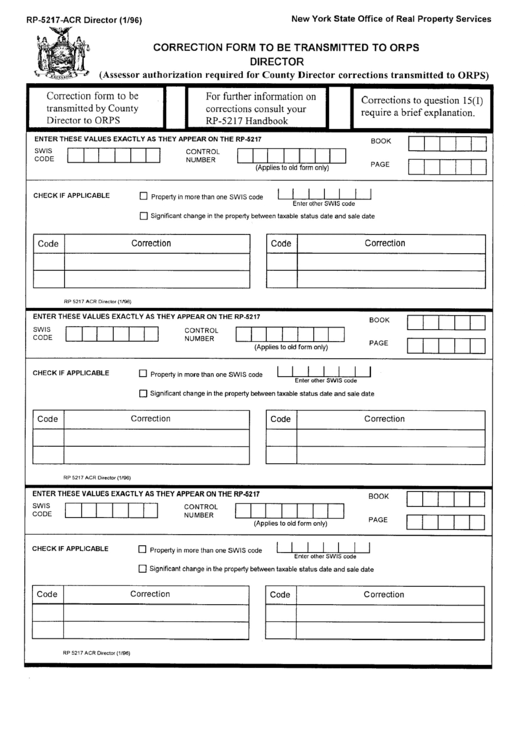 Form Rp-5217-Acr - Correction - Transmit To Orps By County Director - New York State Office Of Real Property Services Printable pdf