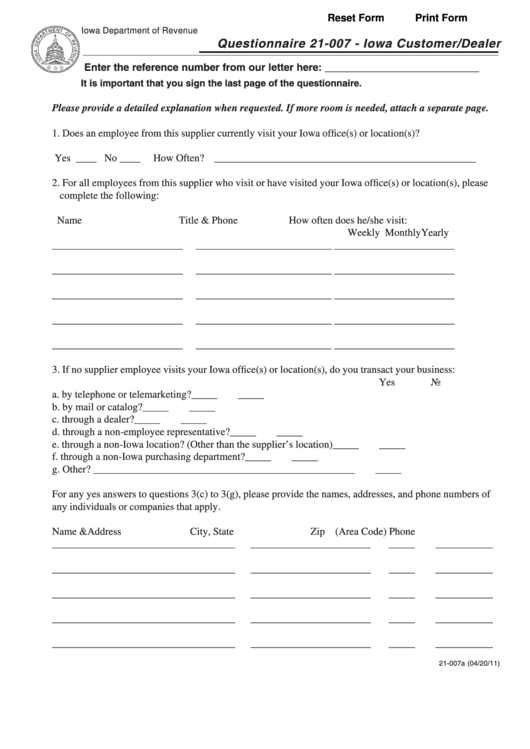 Fillable Form 21-007a - Questionnaire 21-007 - Iowa Customer/dealer Printable pdf