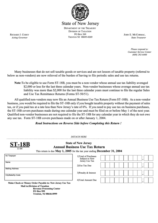 Fillable Form St-18b - Annual Business Use Tax Return Printable pdf