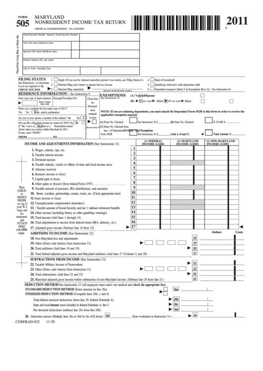 Fillable Form 505 - Maryland Nonresident Income Tax Return - 2011 Printable pdf
