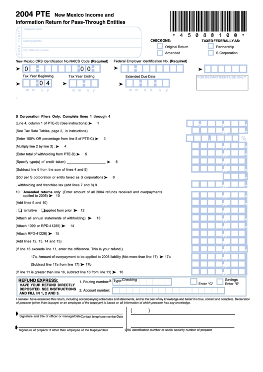 New Mexico Income And Information Return For Pass-Through Entities - 2004 Printable pdf