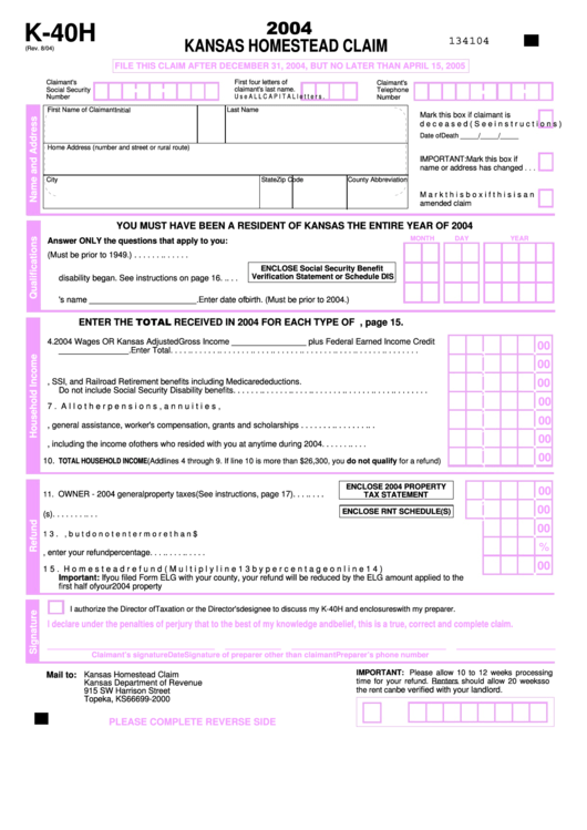 Form K 40h Kansas Homestead Claim 2004 Printable Pdf Download 2860