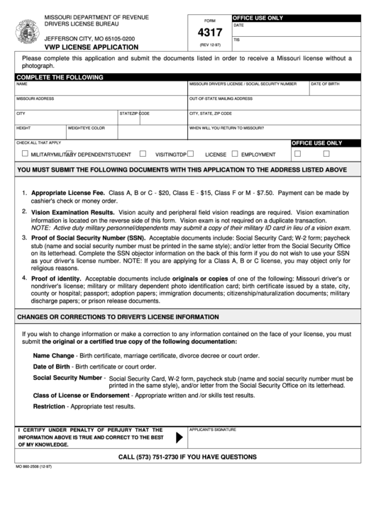 Fillable Form 4317 - Vwp License Application - Missouri Department Of Revenue Printable pdf