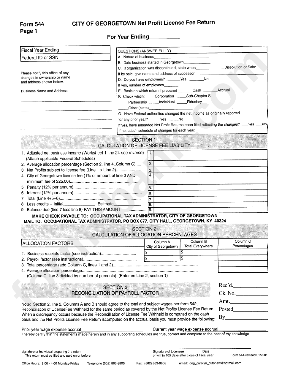 Form 544 - City Of Georgetown Net Profit License Fee Return