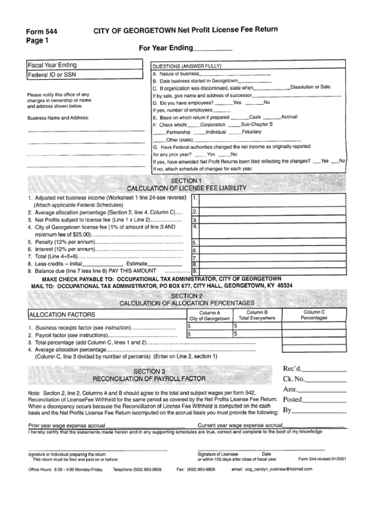 Form 544 - City Of Georgetown Net Profit License Fee Return Printable pdf