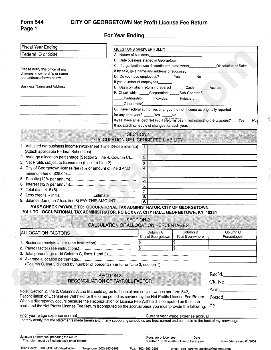 Form 544 - City Of Georgetown Net Profit License Fee Return