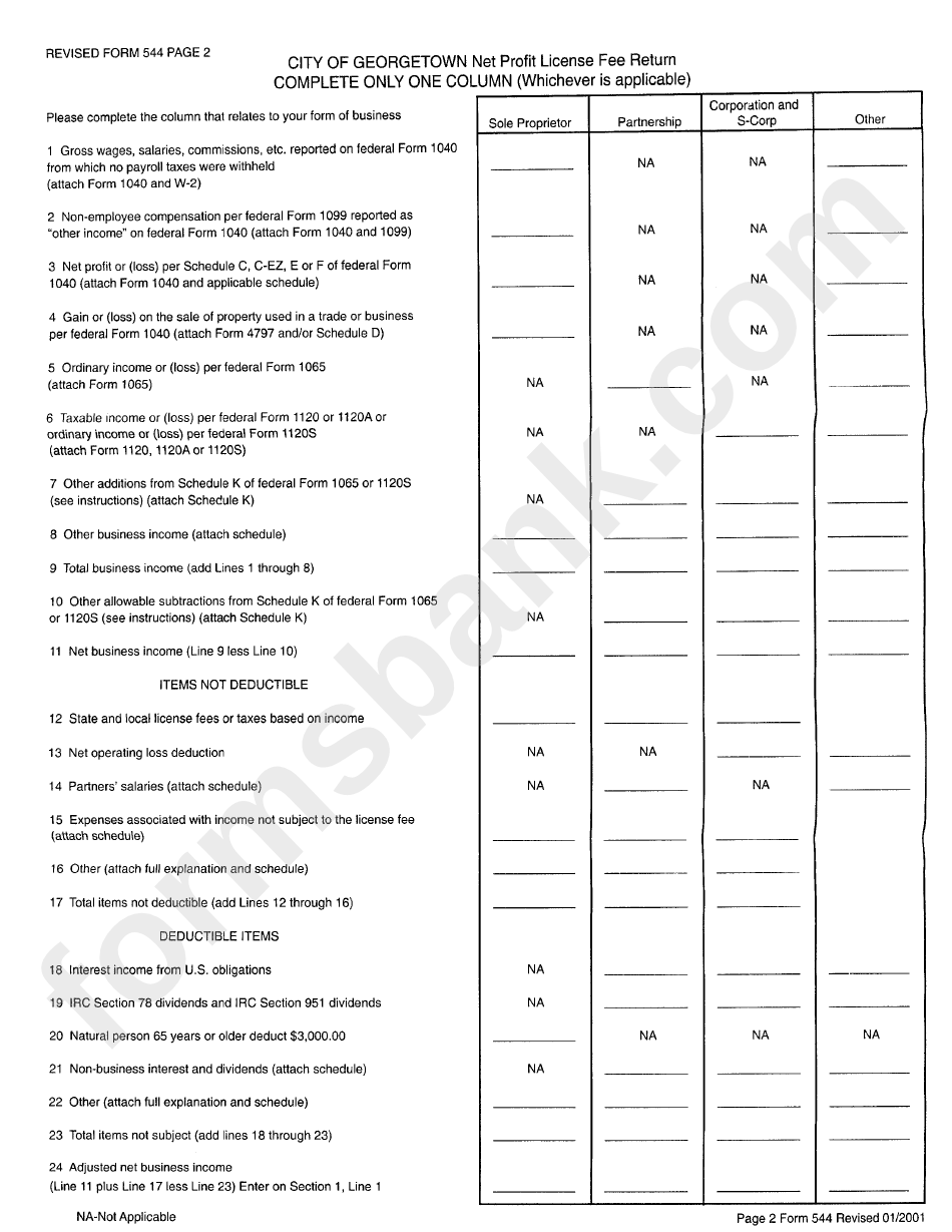 Form 544 - City Of Georgetown Net Profit License Fee Return