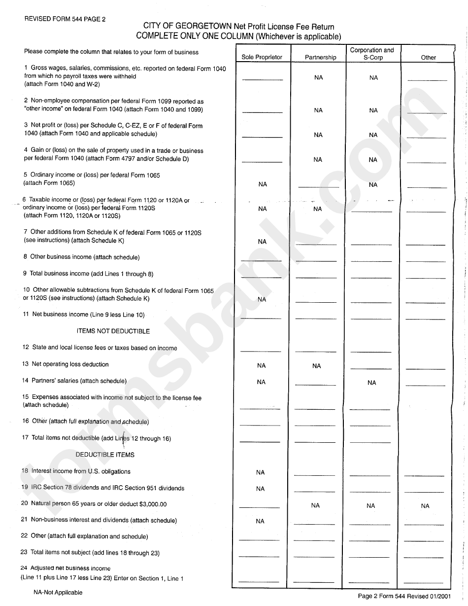 Form 544 - City Of Georgetown Net Profit License Fee Return