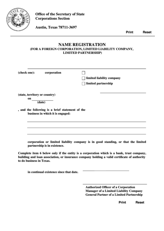 Fillable Name Registration Form (For A Foreign Corporation, Limited Liability Company, Limited Partnership) - Office Of The Secretary Of State Printable pdf