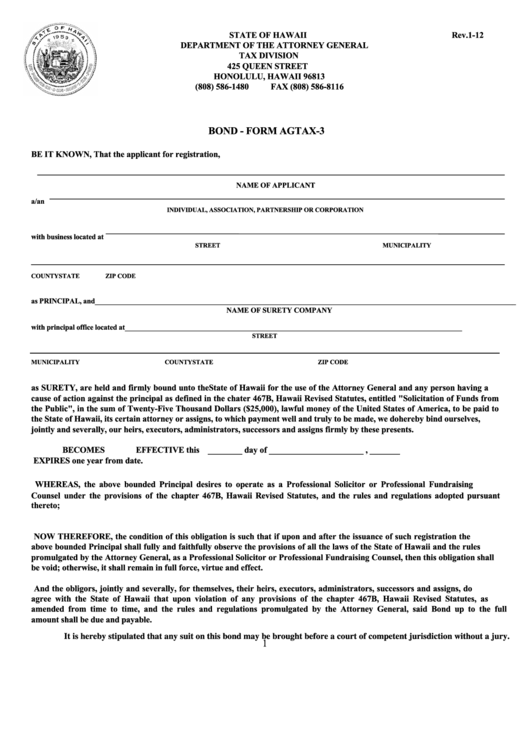 Fillable Form Agtax-3 - Bond - State Of Hawaii - 2012 Printable pdf