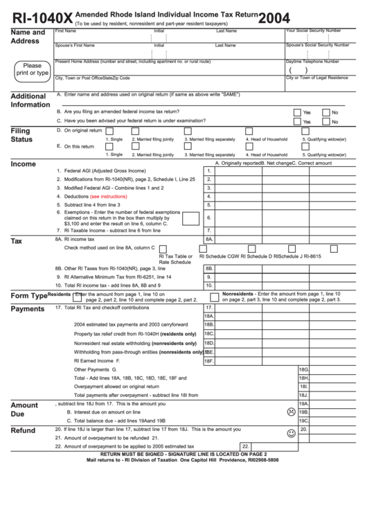 Form Ri-1040x - Amended Rhode Island Individual Income Tax Return - 2004 Printable pdf
