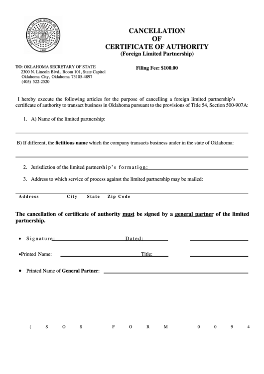 Fillable Sos Form 0094 - Cancellation Of Certificate Of Authority (Foreign Limited Partnership) - Oklahoma Secretary Of State Printable pdf