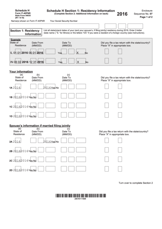 Fillable Form It-40pnr - Schedule H - Residency Information/additional Required Information - 2016 Printable pdf