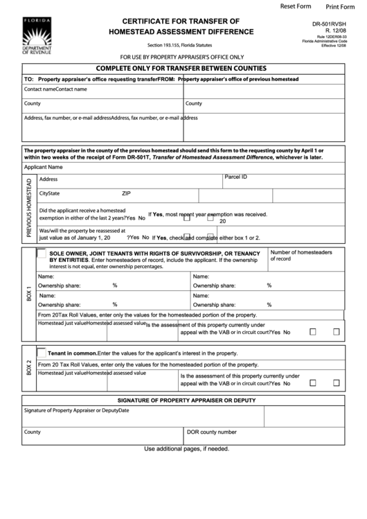 Fillable Form Dr-501rvsh - Certificate For Transfer Of Homestead Assessment Difference Printable pdf