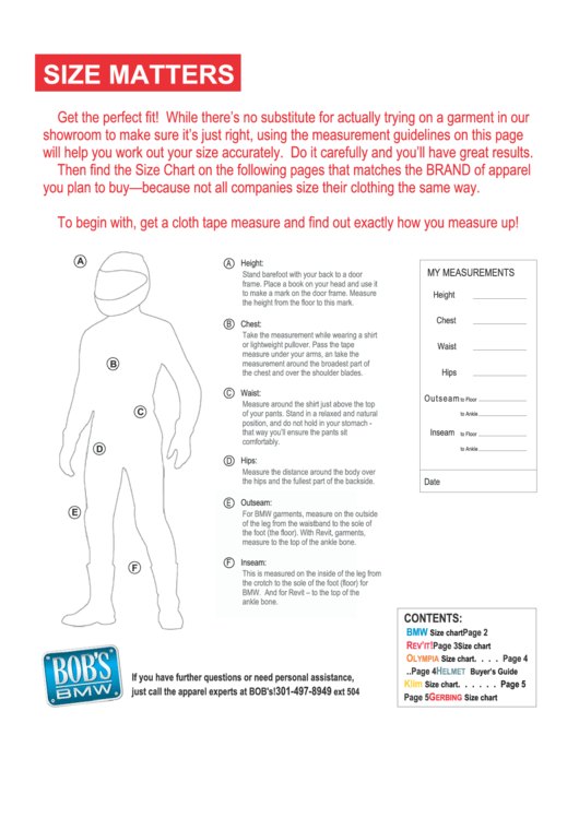 Size Chart For Bmw Garments Printable pdf