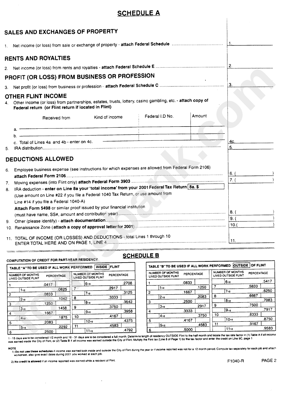 Form F-1040-R - Resident Individual Income Tax Return - City If Flint