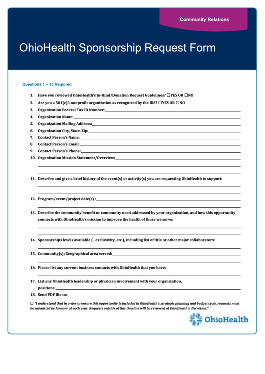 Ohiohealth Sponsorship Request Form Printable pdf