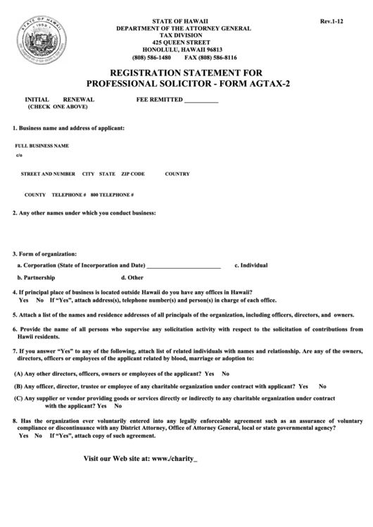 Fillable Form Agtax-2 - Registration Statement For Professional Solicitor - 2012 Printable pdf