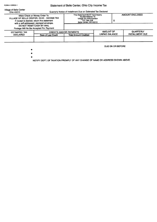 Form Vob502-1 - Quarterly Notice Of Installment Due On Estimated Tax Declared Printable pdf
