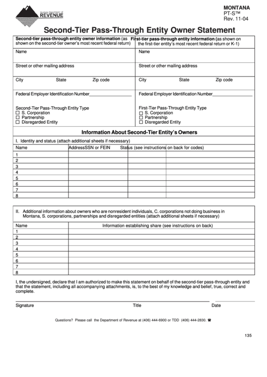 Form Pt-Stm - Second-Tier Pass-Through Entity Owner Statement Printable pdf