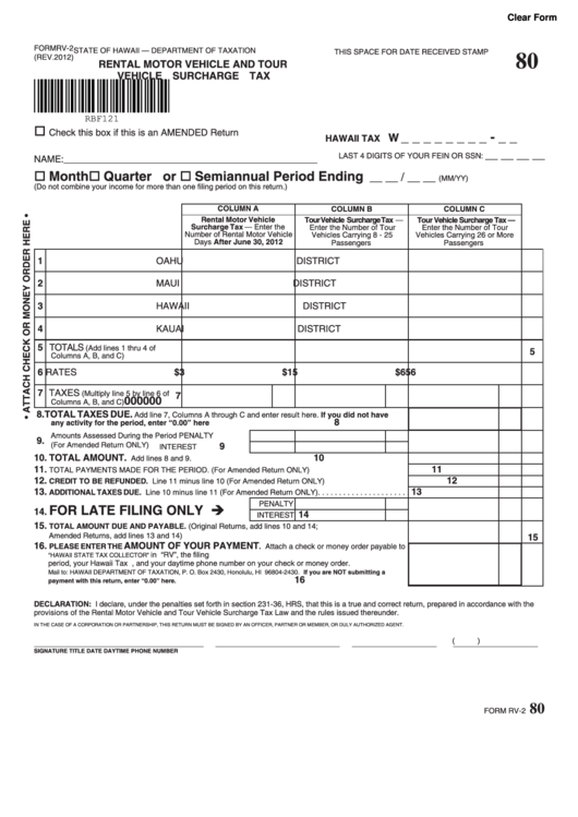 Fillable Form Rv-2 - Rental Motor Vehicle And Tour Vehicle Surcharge Tax - 2012 Printable pdf