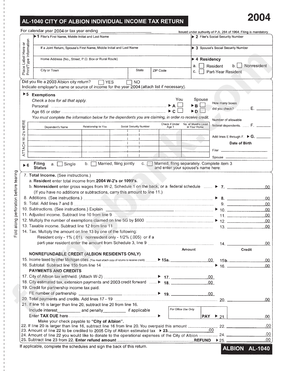 Form Al-1040 - City Of Albion Individual Income Tax Return - 2004