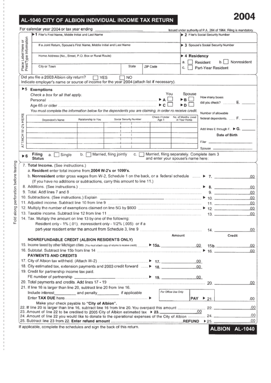 Form Al-1040 - City Of Albion Individual Income Tax Return - 2004 Printable pdf