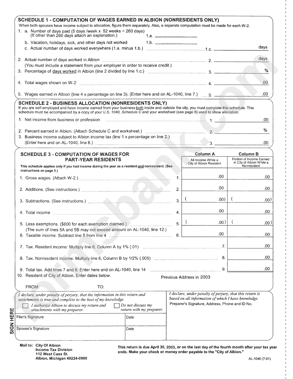 Form Al-1040 - City Of Albion Individual Income Tax Return - 2004