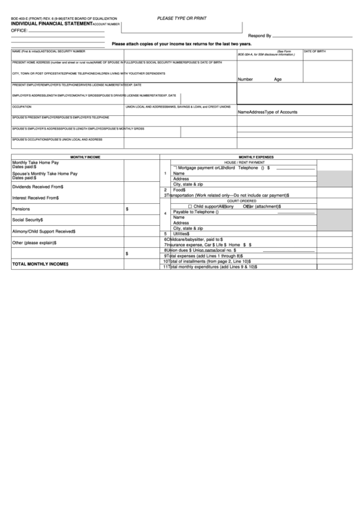 Form Boe-403-E - Individual Financial Statement Printable pdf