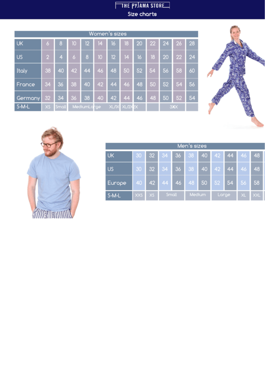 The Pyjama Store Size Charts Printable pdf