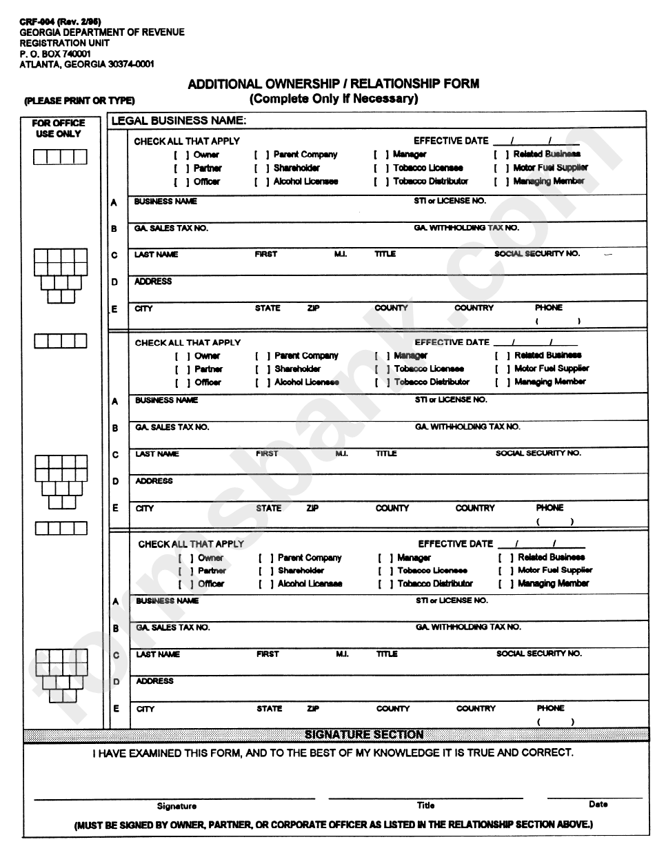 Form Crf-004 - Additional Ownership / Relationship Form