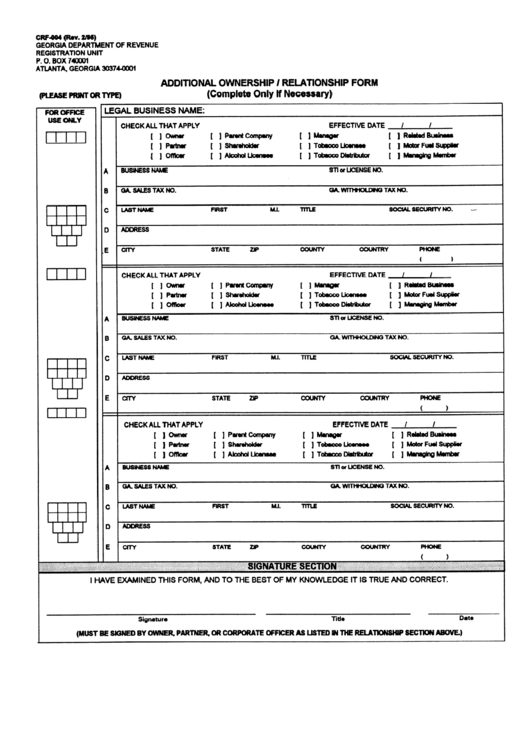Form Crf-004 - Additional Ownership / Relationship Form Printable pdf