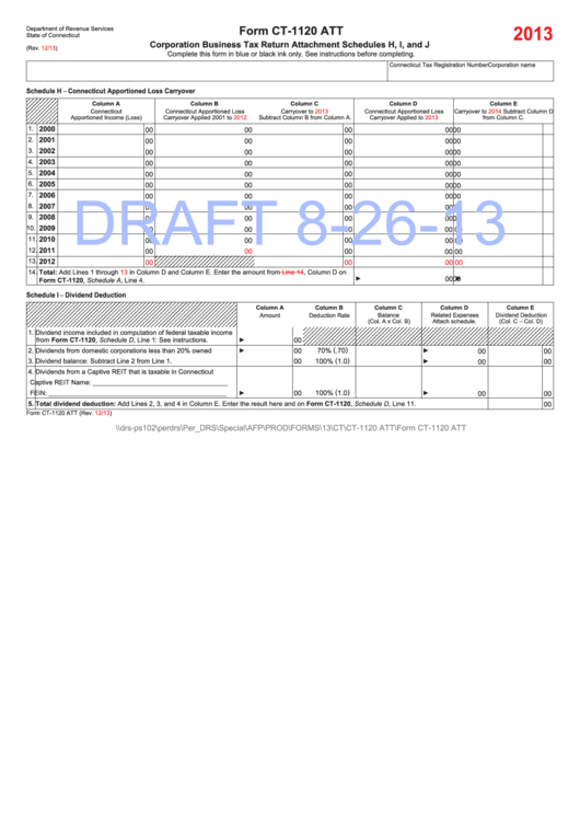 Form Ct-1120 Att - Corporation Business Tax Return Attachment Schedules H, I, And J - 2013 - Draft Printable pdf