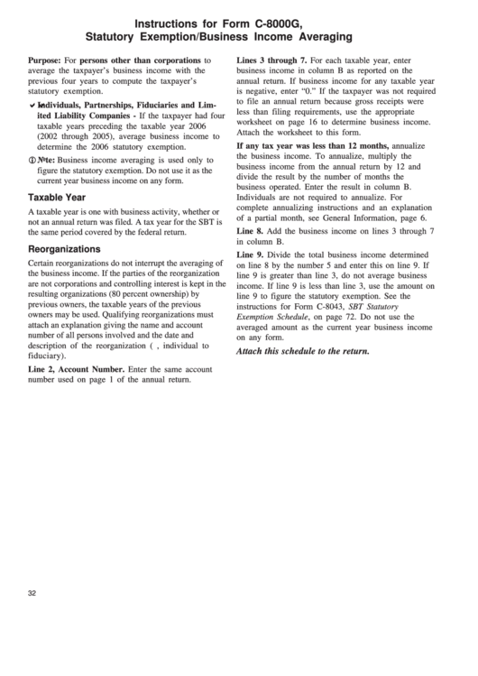 Instructions For Form C-8000g, Statutory Exemption/business Income Averaging Printable pdf