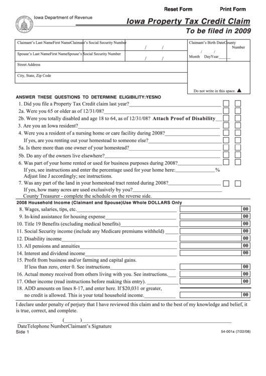 Fillable Form 54-001a - Iowa Property Tax Credit Claim - 2009 Printable pdf