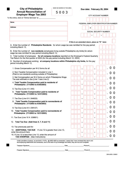 Form Gen-Web-100603 - Annual Reconciliation Of Employer Wage Tax - 2003 Printable pdf
