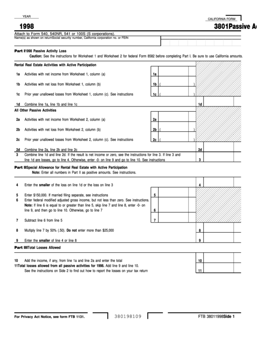 Fillable Form 3801 - Passive Activity Loss Limitations - 1998 Printable pdf