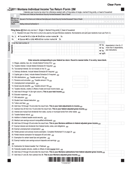 Fillable Form 2m - 2011 Montana Individual Income Tax Return Printable pdf