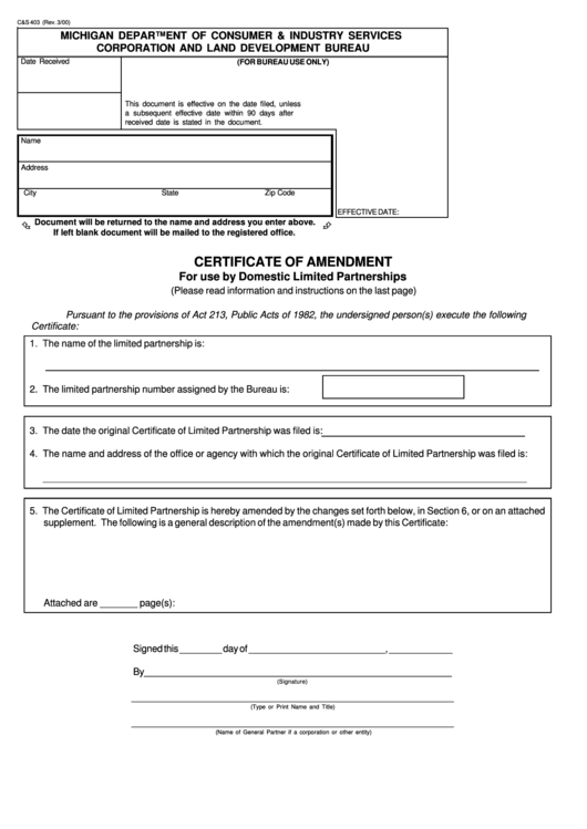 Fillable Form C&s 403 - Certificate Of Amendment For Use By Domestic Limited Partnerships - 2000 Printable pdf
