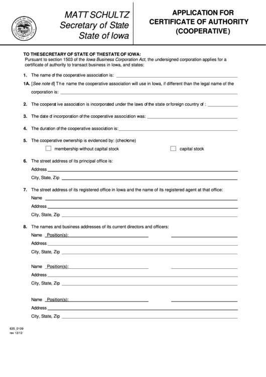 Fillable Form 635_0109 - Application For Certificate Of Authority (Cooperative) Printable pdf