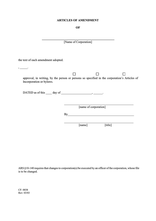 Form Cf: 0038 - Articles Of Amendment Printable pdf