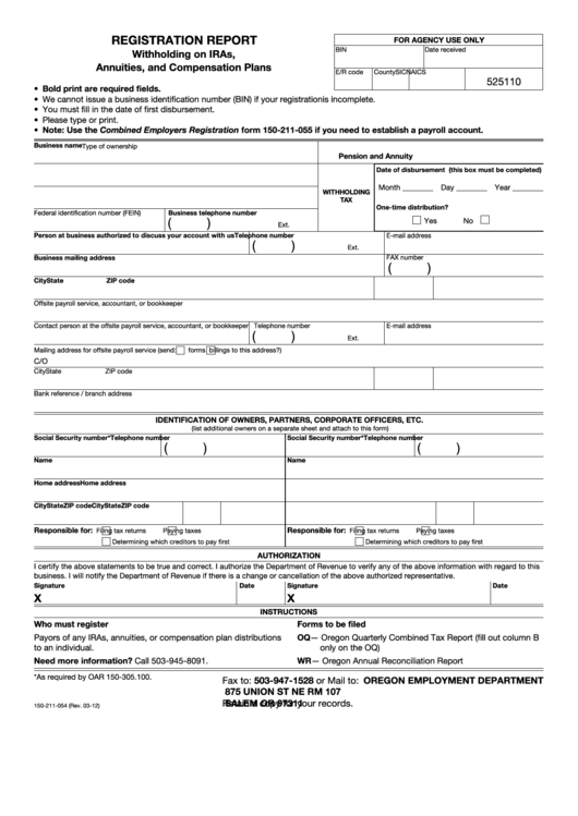 Fillable Form 150-211-054 - Registration Report Withholding On Iras, Annuities, And Compensation Plans - 2012 Printable pdf