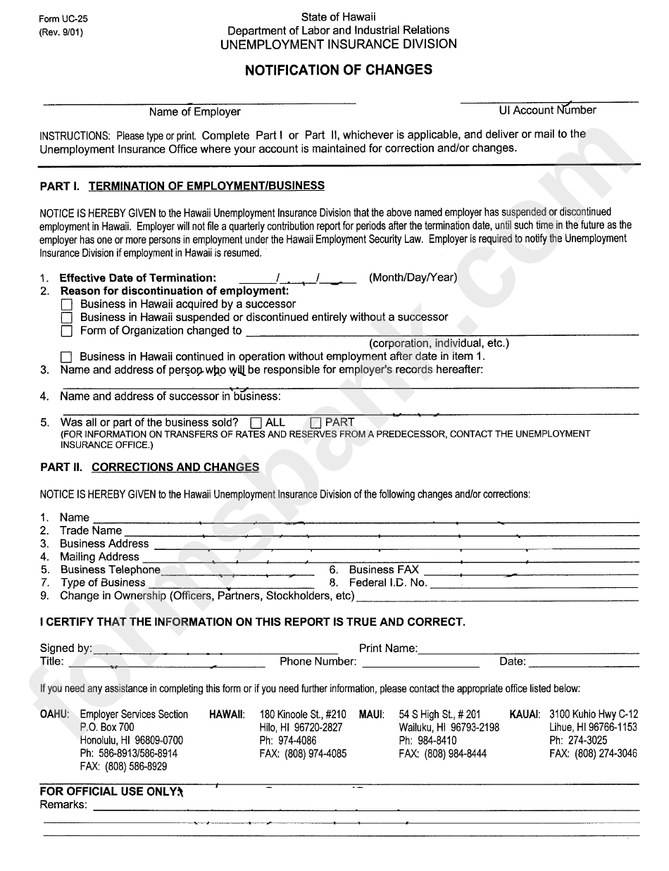 Form Uc-25 - Notification Of Changes